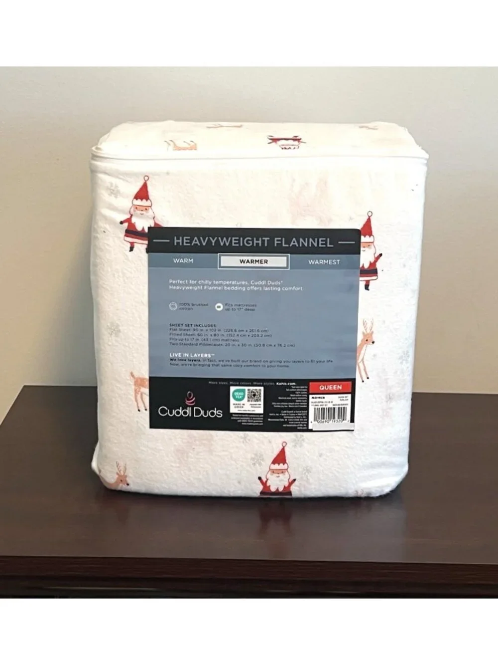 Cuddl Duds Queen Heavyweight Flannel Sheet Set Christmas Santa Reindeer NWT